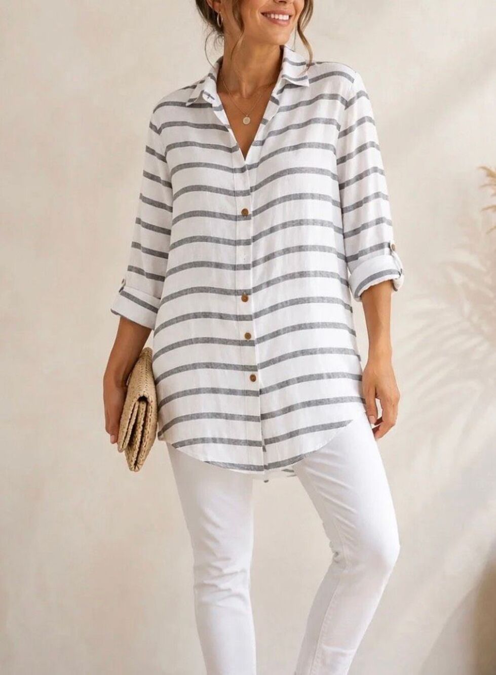 Viola Borghi blue and white striped 100% linen button front tunic/dress - S